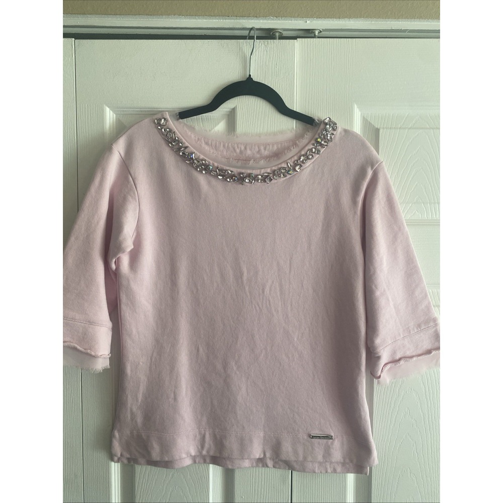 Luisa Spagnoli Pink Rhinestone Neck Top Womens Size M‎ Embellished Cotton Knit